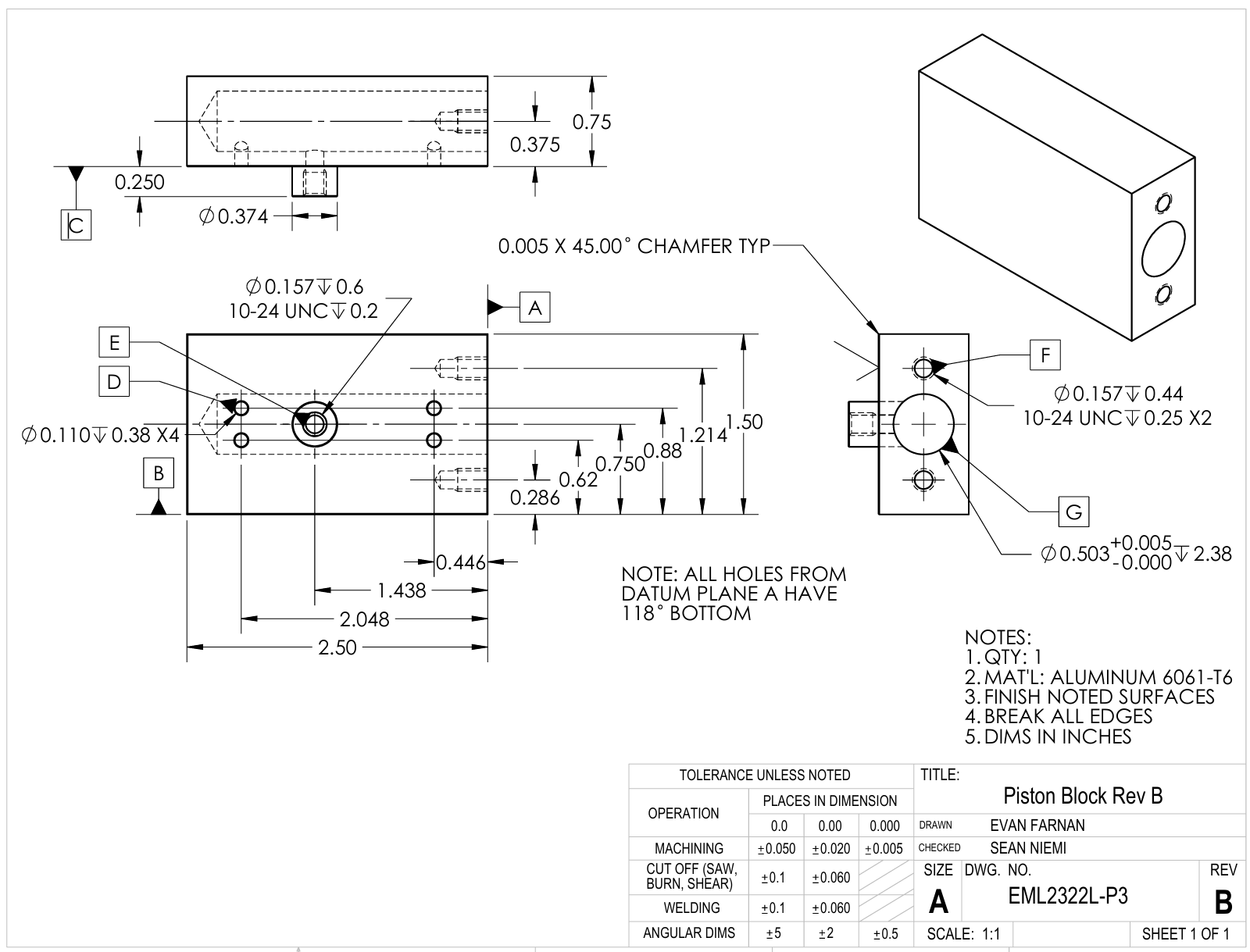 Dimensioned SolidWorks part drawing